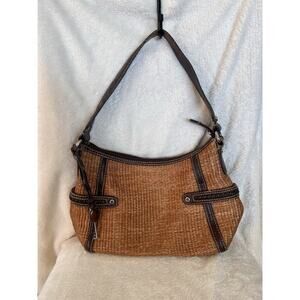 Fossil Straw Leather Multi Compartment Satchel Shoulder Bag Brown Lined